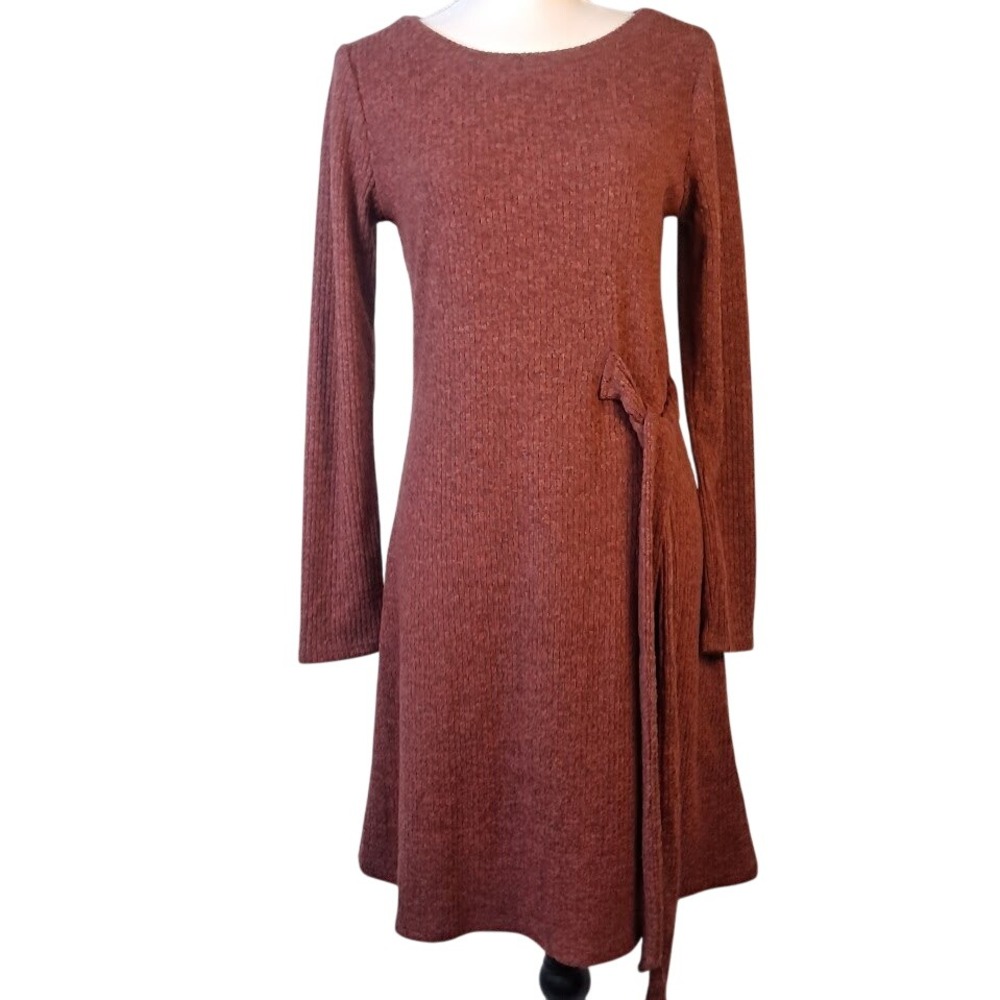 KAILEIGH Lauryn S Fitted Side‎ Tie Dress Long Sleeve Knit Orange Red Knee Length
